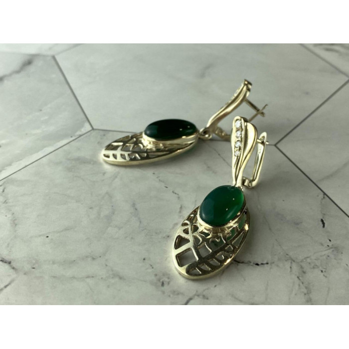 VINTAGE 925 STERLING SILVER GREEN AGATE & CZ EARRINGS