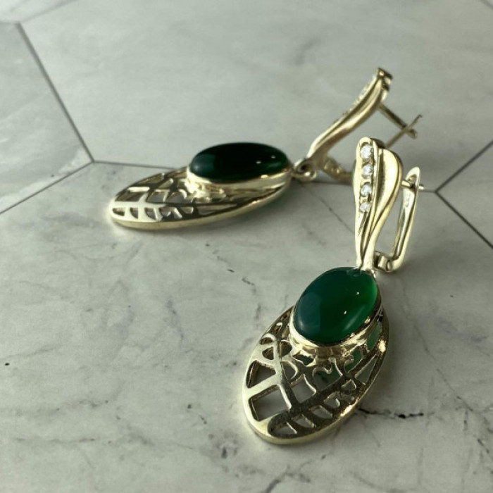 Vintage 925 Sterling Silver Green Agate & CZ Earrings
