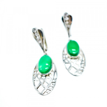 Vintage 925 Sterling Silver Green Agate & CZ Earrings