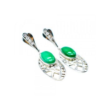 VINTAGE 925 STERLING SILVER GREEN AGATE & CZ EARRINGS