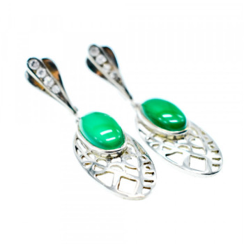 Vintage 925 Sterling Silver Green Agate & CZ Earrings
