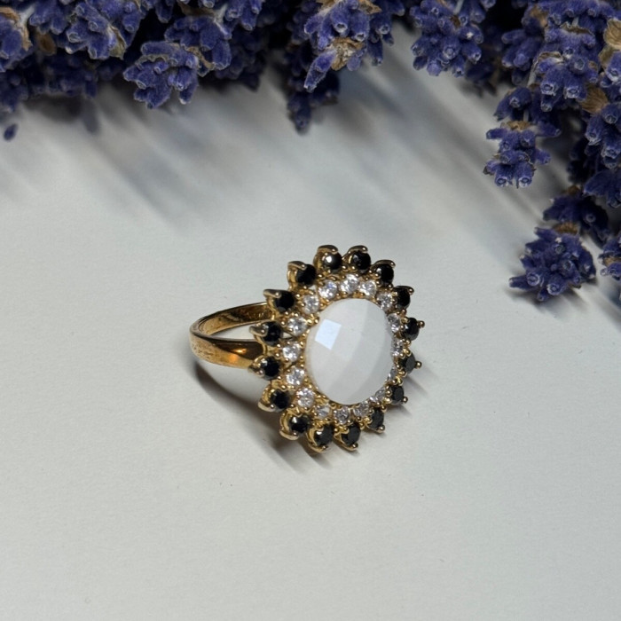 925 Sterling Silver Agate, White & Blue Sapphire Ring Size 7