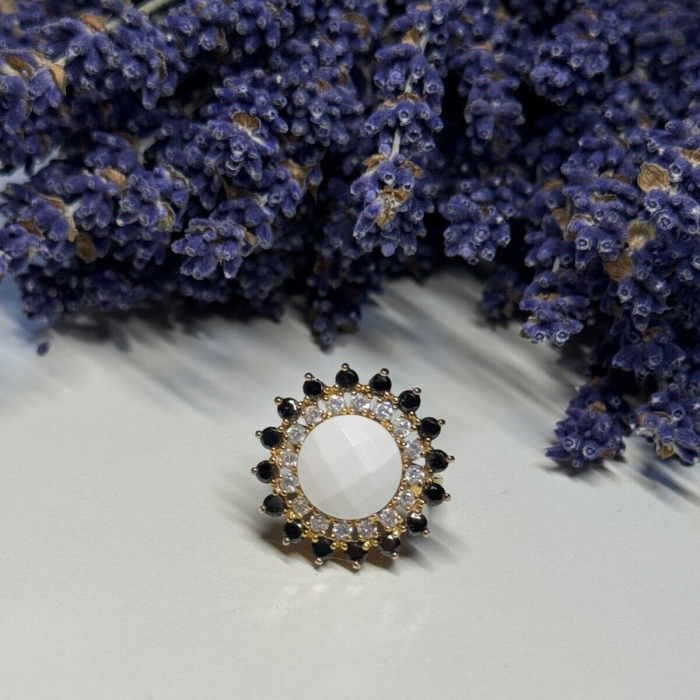 925 Sterling Silver Agate, White & Blue Sapphire Ring Size 7