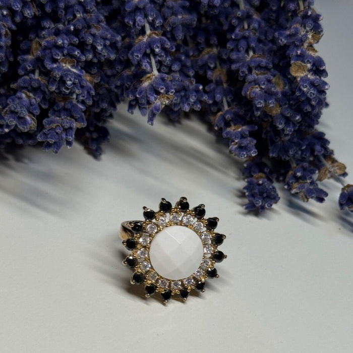 925 Sterling Silver Agate, White & Blue Sapphire Ring Size 7