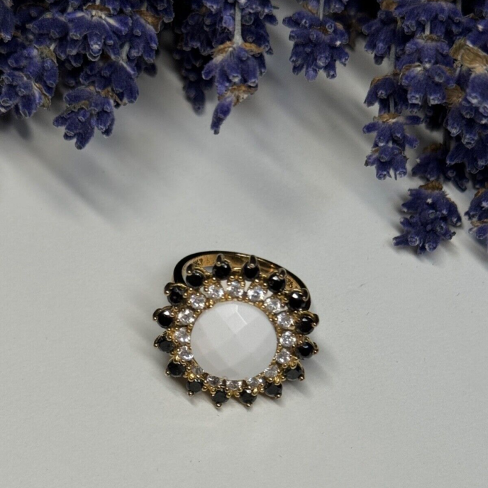 925 Sterling Silver Agate, White & Blue Sapphire Ring Size 7