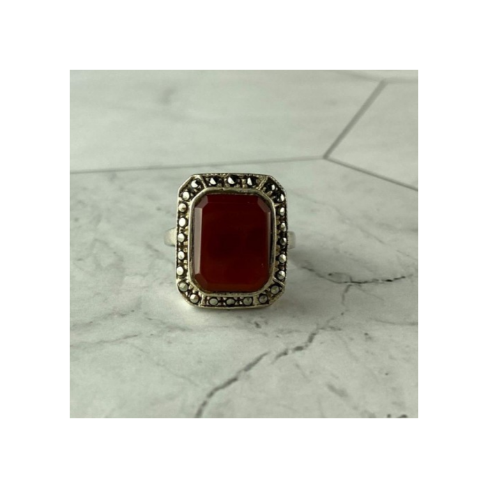 Vintage 925 Sterling Silver Agate & Marcasites Ring Size 7