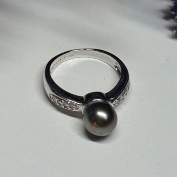 925 Sterling Silver Pearl & Beryl Ring Size 5.5