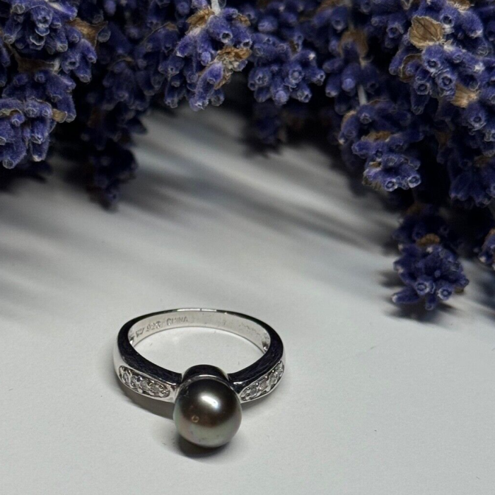 925 Sterling Silver Pearl & Beryl Ring Size 5.5