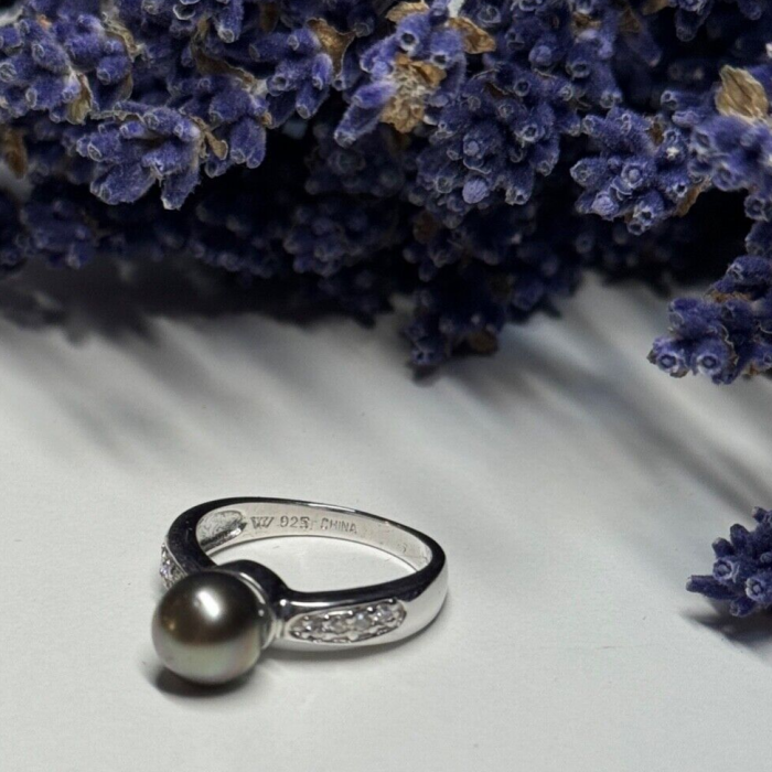 925 Sterling Silver Pearl & Beryl Ring Size 5.5