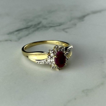 925 Sterling Silver Gold Plated Ruby & Diamonds Ring Size 6.5