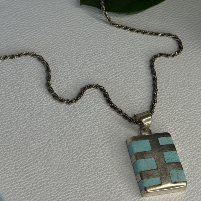 Vintage 925 Sterling Silver Turquoise Necklace Length 18 Inch