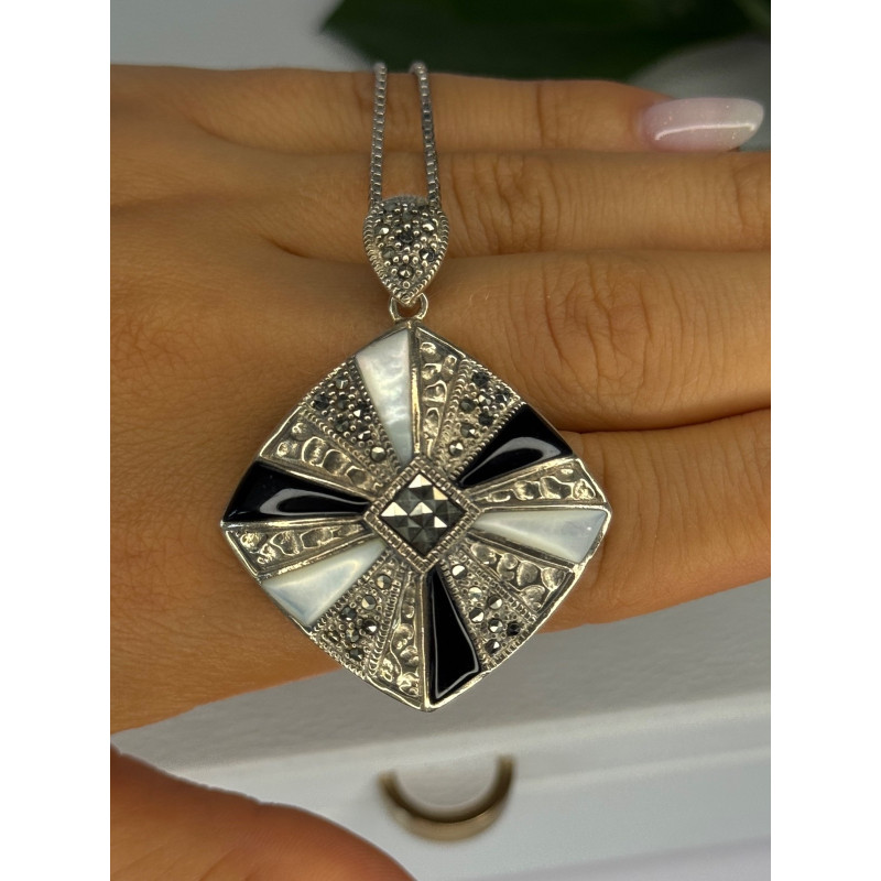 925 Sterling Silver Onyx & Abalone & Marcasite Necklace Length 25 inch