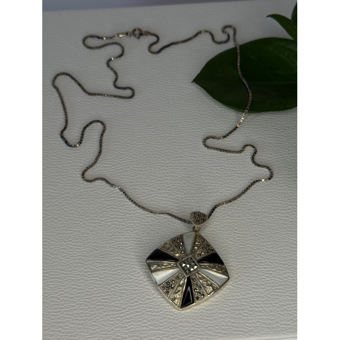 925 Sterling Silver Onyx & Abalone & Marcasite Necklace Length 25 inch