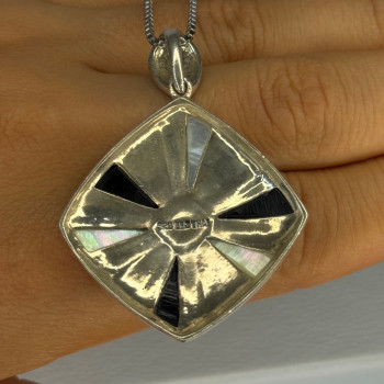 925 Sterling Silver Onyx & Abalone & Marcasite Necklace Length 25 Inch