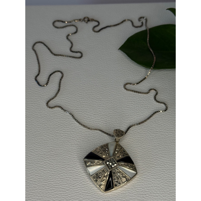 925 Sterling Silver Onyx & Abalone & Marcasite Necklace Length 25 inch