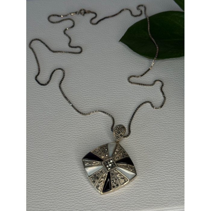 925 Sterling Silver Onyx & Abalone & Marcasite Necklace Length 25 inch