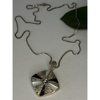 925 Sterling Silver Onyx & Abalone & Marcasite Necklace Length 25 inch