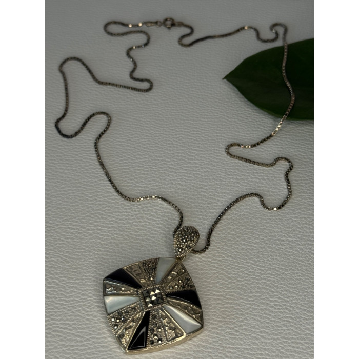 925 Sterling Silver Onyx & Abalone & Marcasite Necklace Length 25 inch