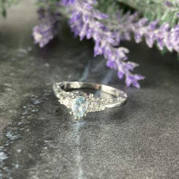 925 Sterling Silver Aquamarine & CZ Ring Size 6.5