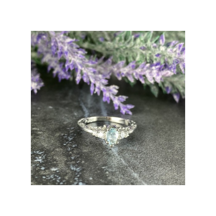 925 Sterling Silver Aquamarine & CZ Ring Size 6.5