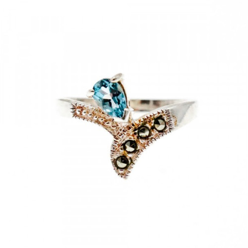 925 Sterling Silver Topaz & Marcasites Ring Size 10