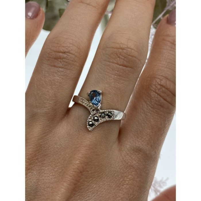 925 Sterling Silver Topaz & Marcasites Ring Size 10