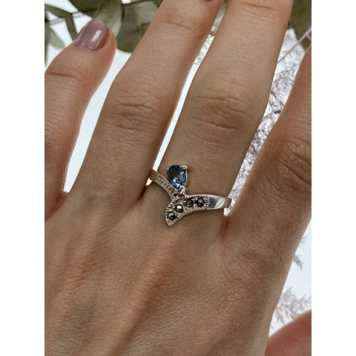 925 Sterling Silver Topaz & Marcasites Ring Size 10