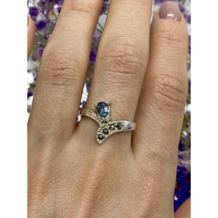 925 Sterling Silver Topaz & Marcasites Ring Size 10