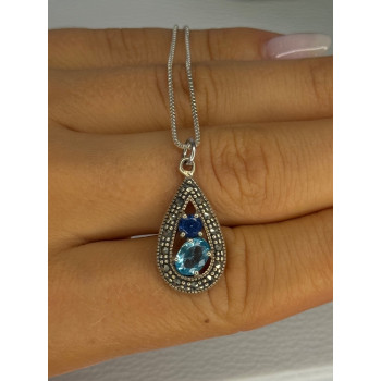 925 Sterling Silver Topaz & Sapphire & Marcasite Necklace Length 15.5 inch