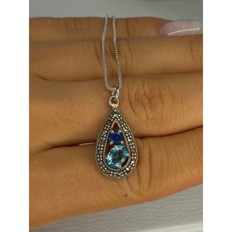 925 Sterling Silver Topaz & Sapphire & Marcasite Necklace Length 15.5 inch