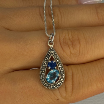 925 Sterling Silver Topaz, Sapphire & Marcasite Necklace Length 15.5 Inch
