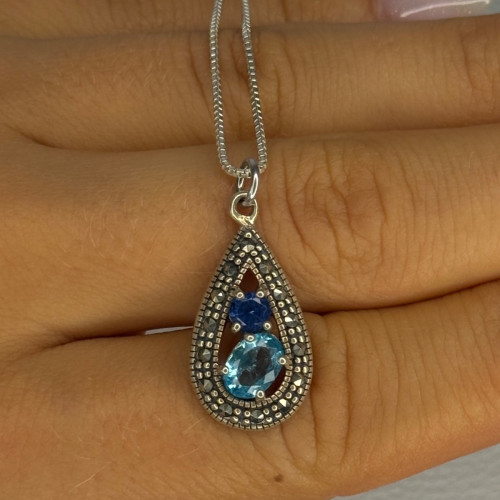 925 Sterling Silver Topaz, Sapphire & Marcasite Necklace Length 15.5 Inch