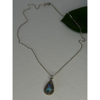 925 Sterling Silver Topaz & Sapphire & Marcasite Necklace Length 15.5 inch