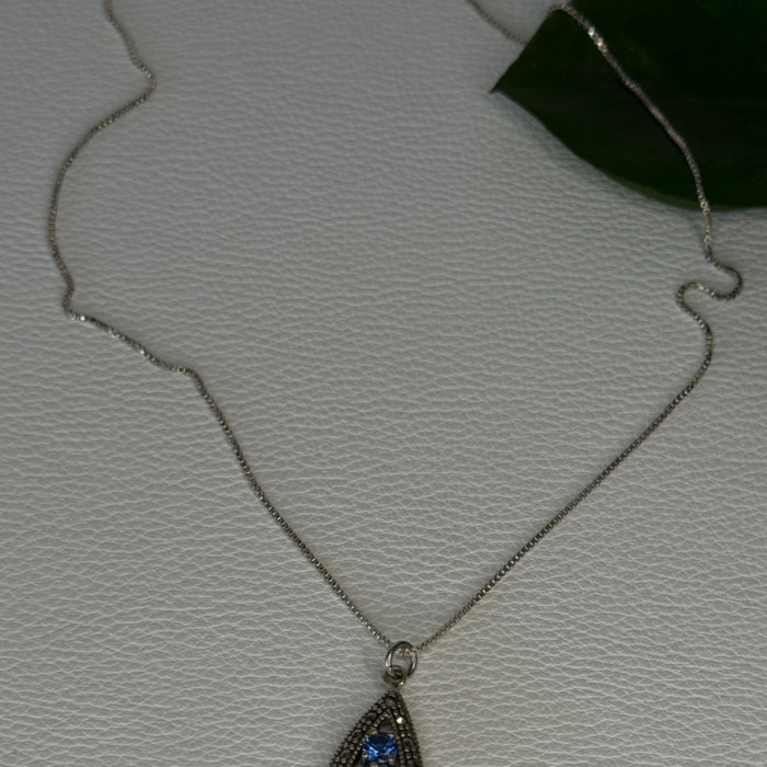 925 Sterling Silver Topaz, Sapphire & Marcasite Necklace Length 15.5 Inch