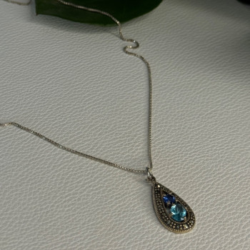 925 Sterling Silver Topaz, Sapphire & Marcasite Necklace Length 15.5 Inch