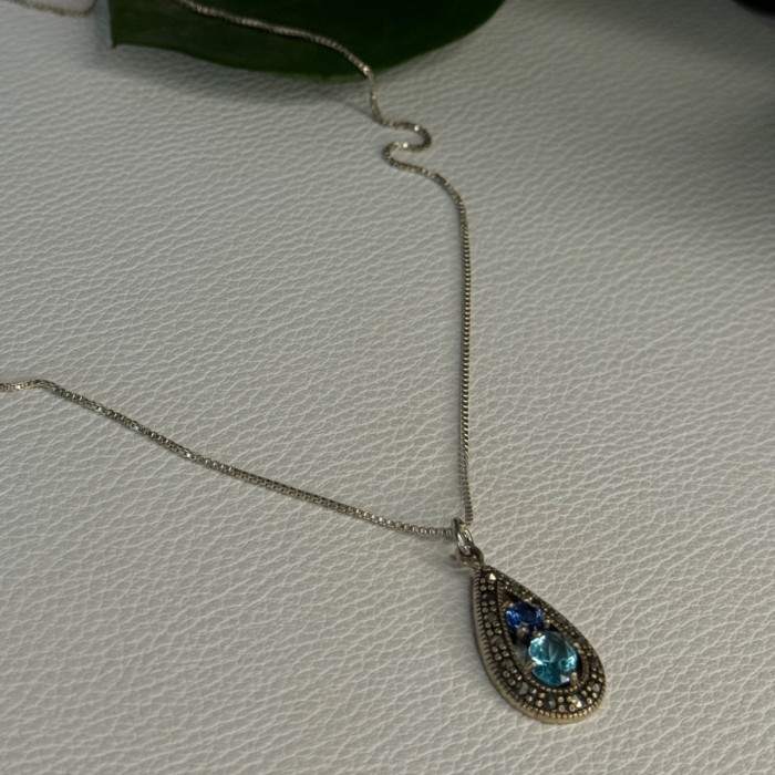 925 Sterling Silver Topaz, Sapphire & Marcasite Necklace Length 15.5 Inch