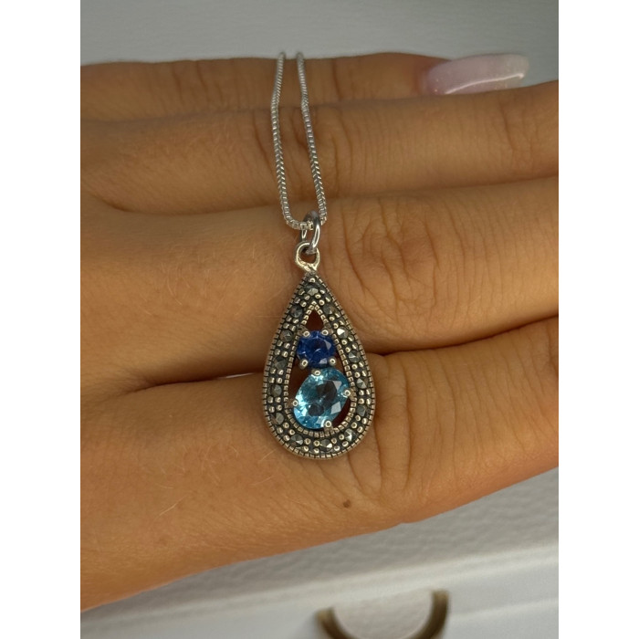 925 Sterling Silver Topaz & Sapphire & Marcasite Necklace Length 15.5 inch