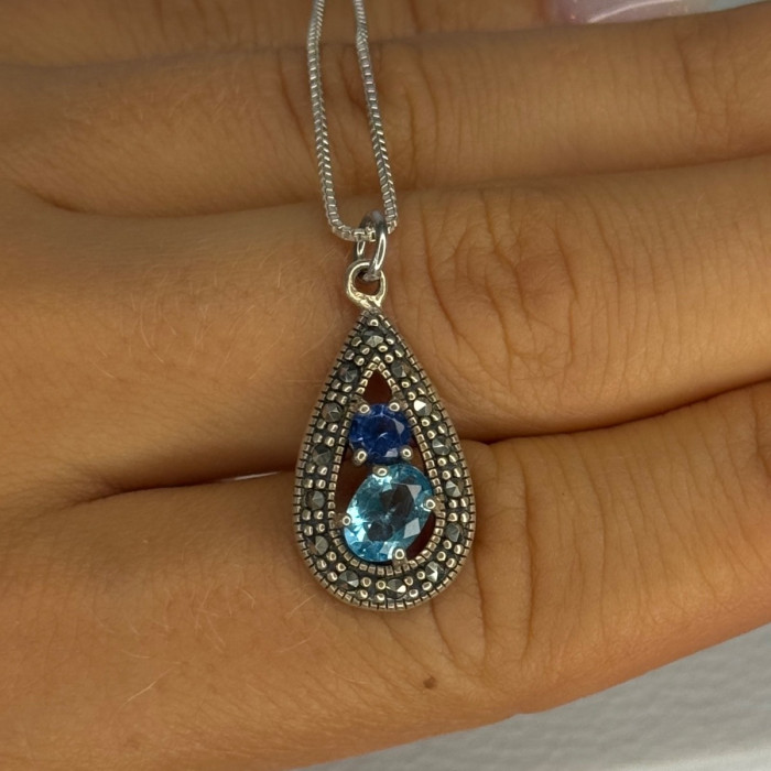 925 Sterling Silver Topaz, Sapphire & Marcasite Necklace Length 15.5 Inch