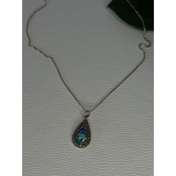 925 Sterling Silver Topaz & Sapphire & Marcasite Necklace Length 15.5 inch