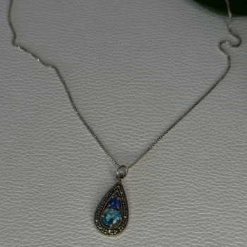 925 Sterling Silver Topaz, Sapphire & Marcasite Necklace Length 15.5 Inch