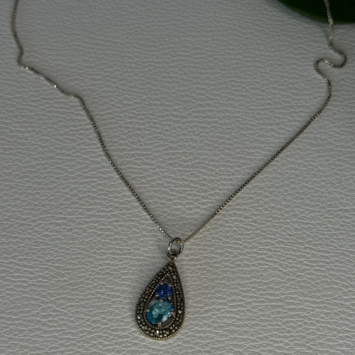925 Sterling Silver Topaz, Sapphire & Marcasite Necklace Length 15.5 Inch