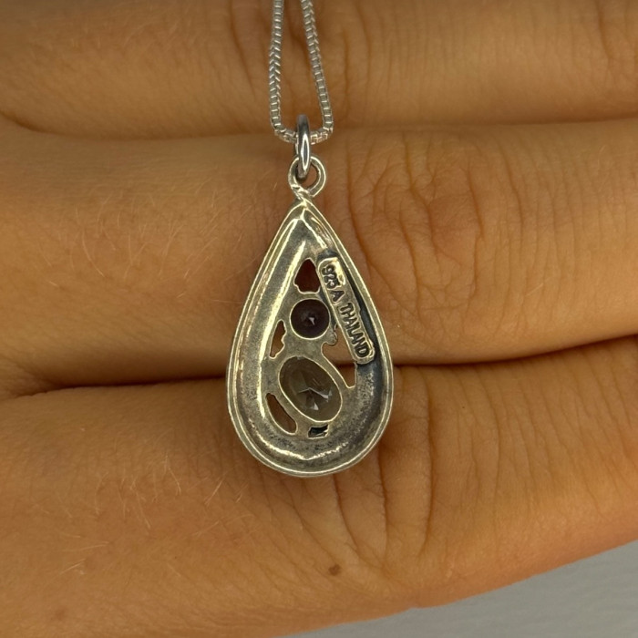 925 Sterling Silver Topaz, Sapphire & Marcasite Necklace Length 15.5 Inch