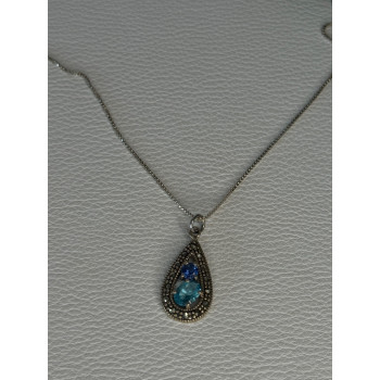 925 Sterling Silver Topaz & Sapphire & Marcasite Necklace Length 15.5 inch