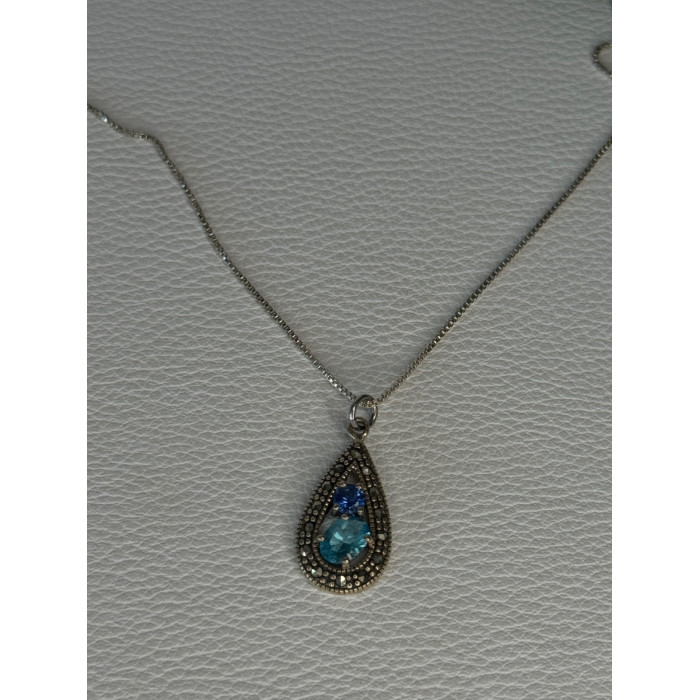 925 Sterling Silver Topaz & Sapphire & Marcasite Necklace Length 15.5 inch