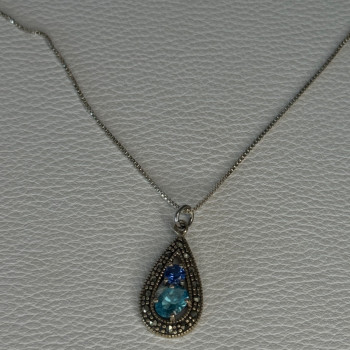 925 Sterling Silver Topaz, Sapphire & Marcasite Necklace Length 15.5 Inch