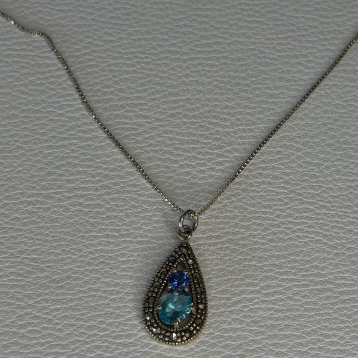 925 Sterling Silver Topaz, Sapphire & Marcasite Necklace Length 15.5 Inch