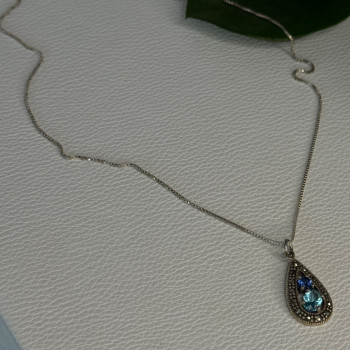 925 Sterling Silver Topaz, Sapphire & Marcasite Necklace Length 15.5 Inch