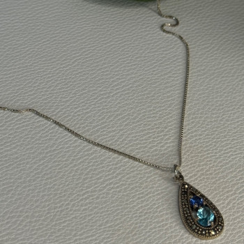925 Sterling Silver Topaz, Sapphire & Marcasite Necklace Length 15.5 Inch