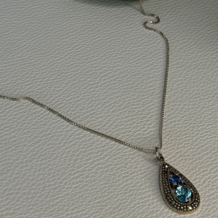 925 Sterling Silver Topaz, Sapphire & Marcasite Necklace Length 15.5 Inch