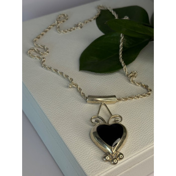 925 Sterling Silver Onyx Heart Necklace Length 24 inch